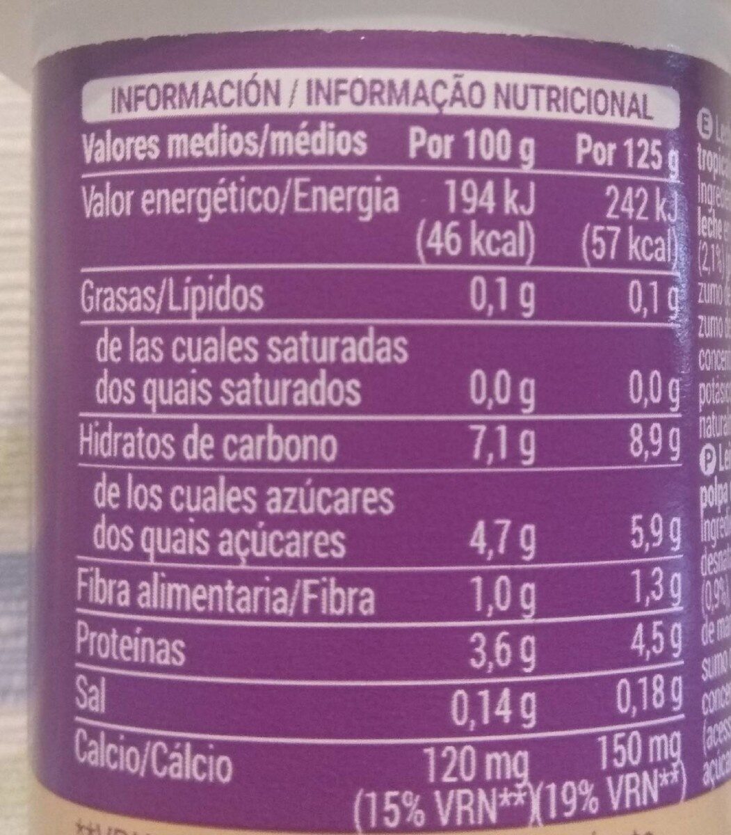 Bífidus 0% Cremoso Tropical - Informació nutricional - es