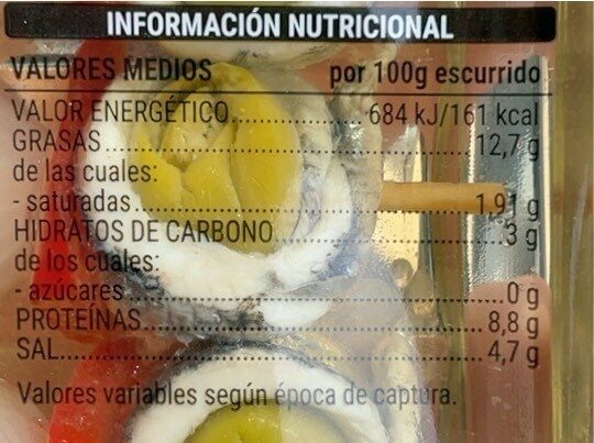 Banderillas de anchoa y boquerón - Informació nutricional - es