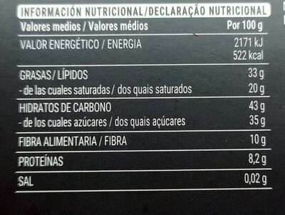 Chocolate negro 72% con trozos de naranja - Informació nutricional - es