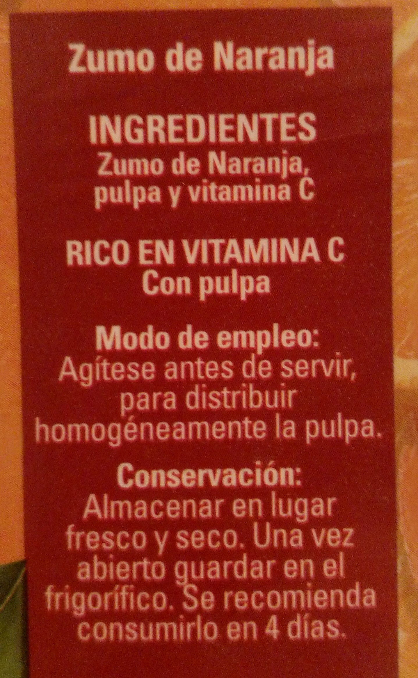 Zumo pura naranja con pulpa - Ingredients - es