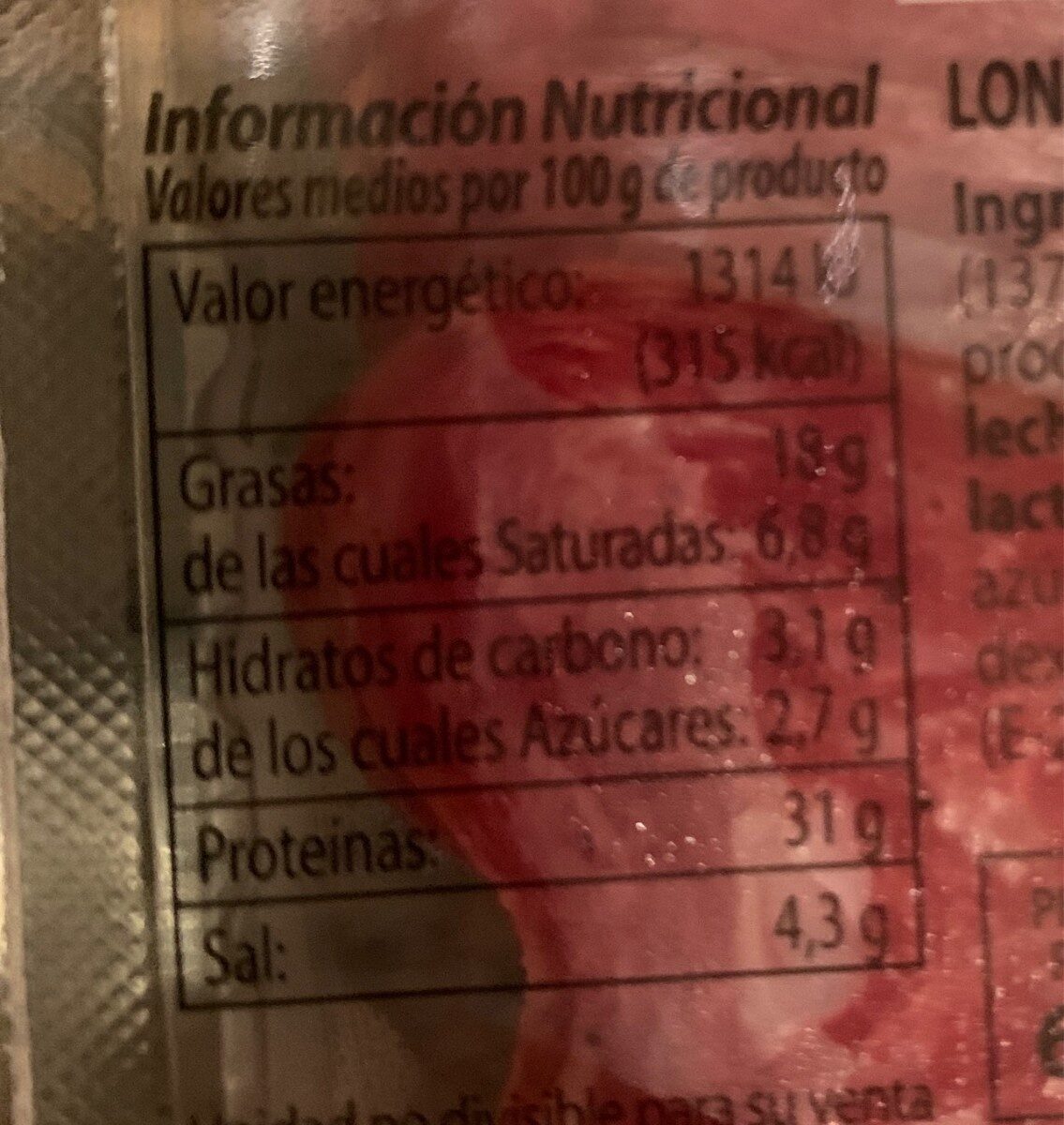 Longaniza Pavo Extra - Información nutricional