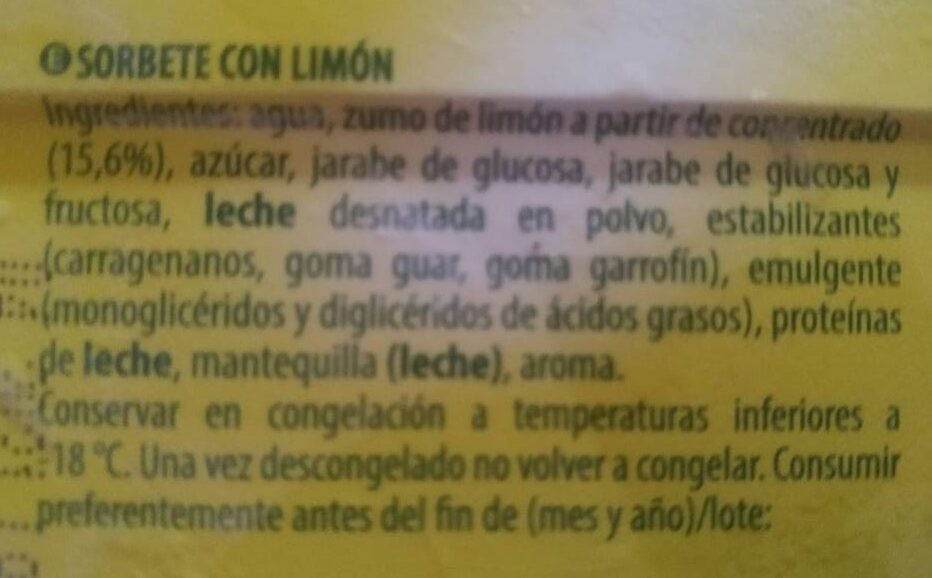 Helado Limón - Ingredients - es
