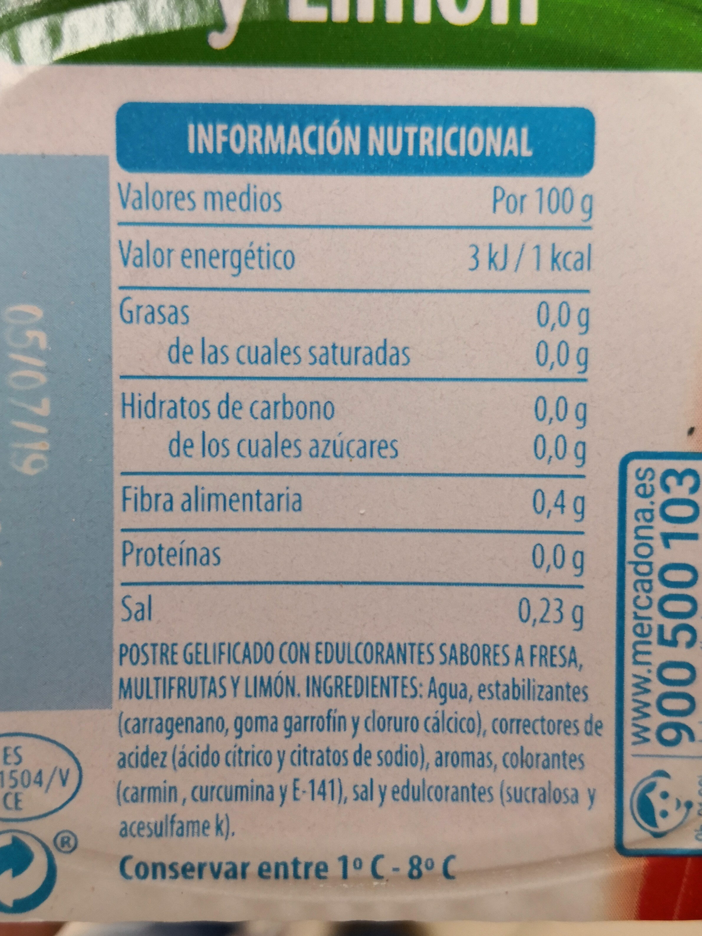 Gellytina de fresa, multifrutas y limón 0% - Información nutricional