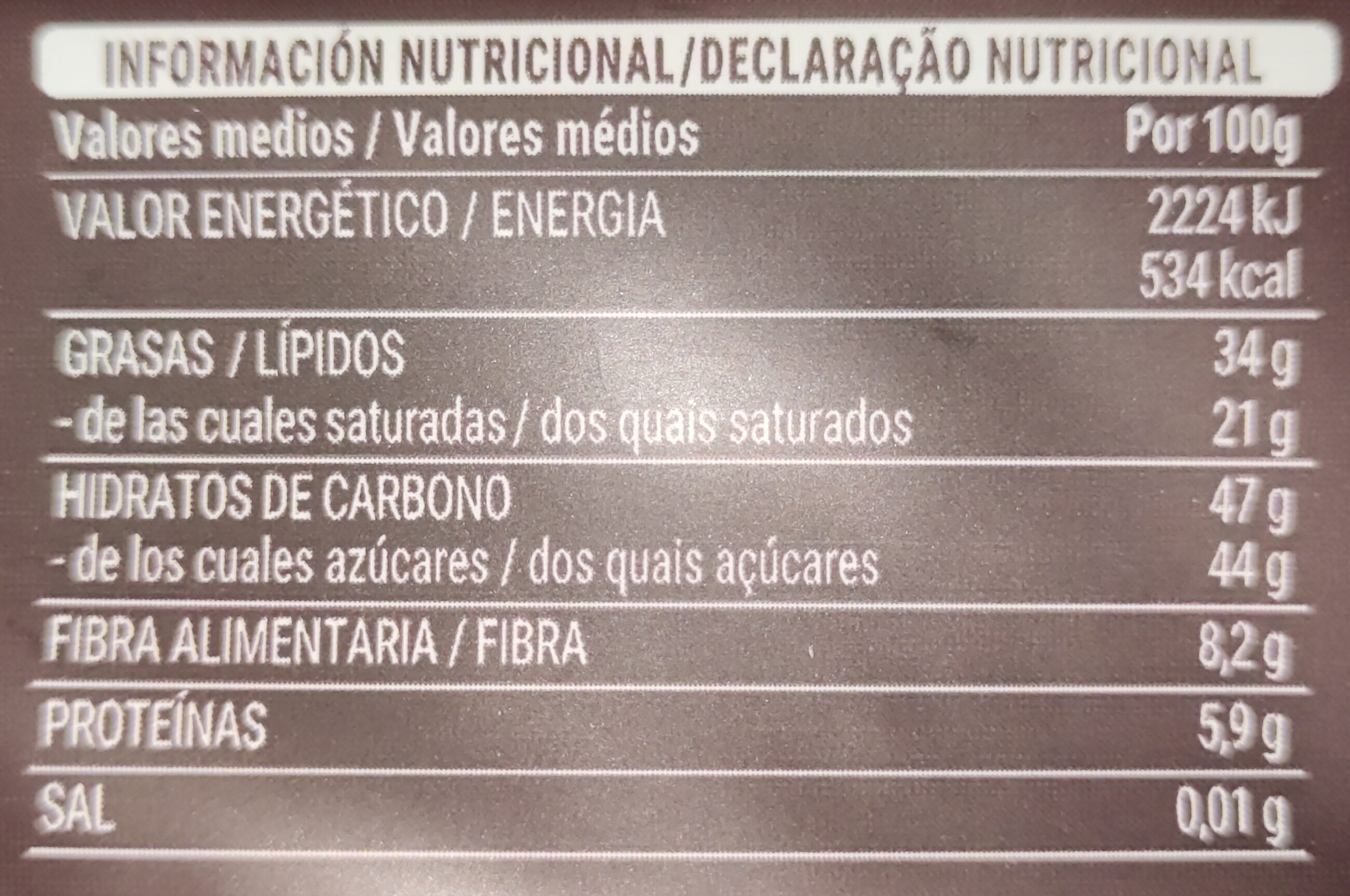 Chocolate Negro 55% - Información nutricional
