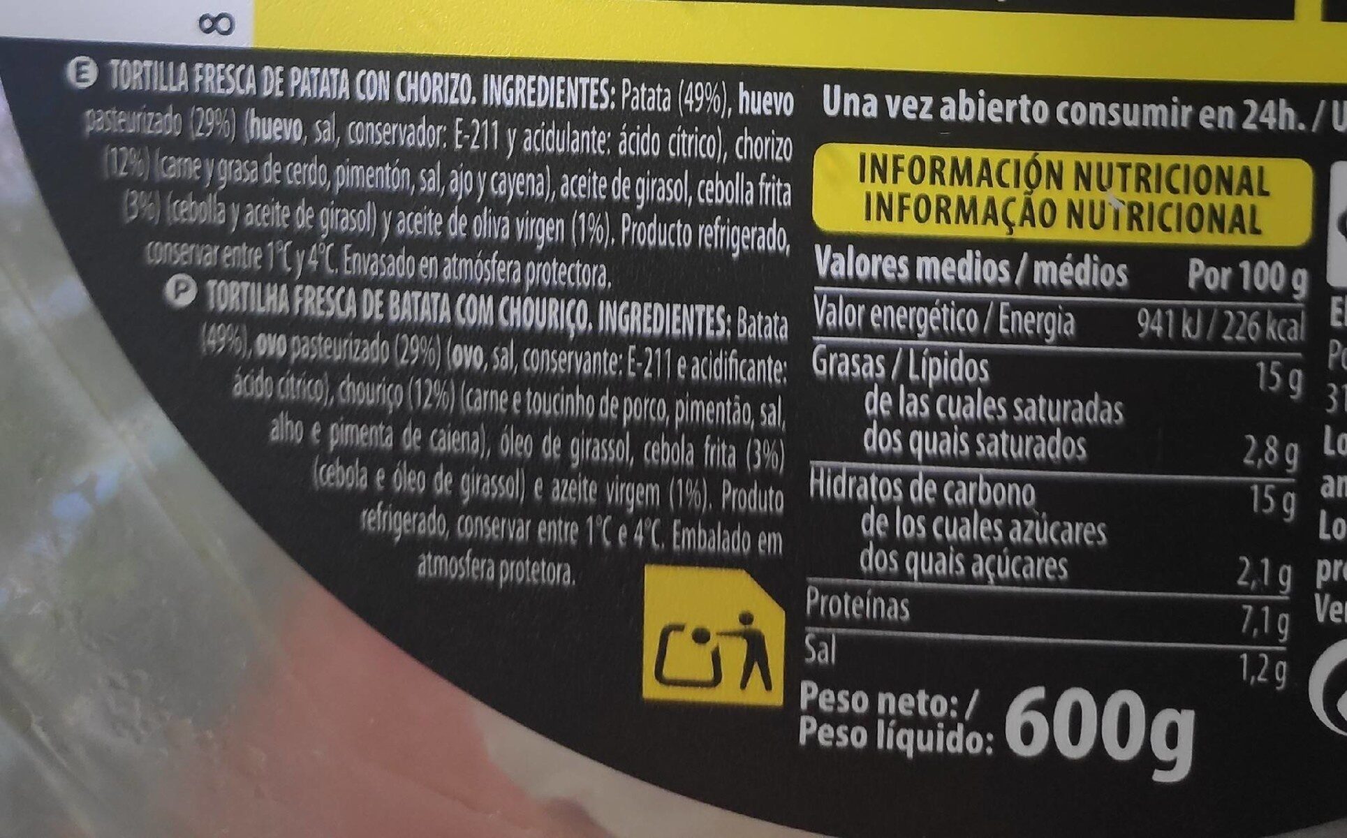 Tortilla Patata con chorizo - Información nutricional
