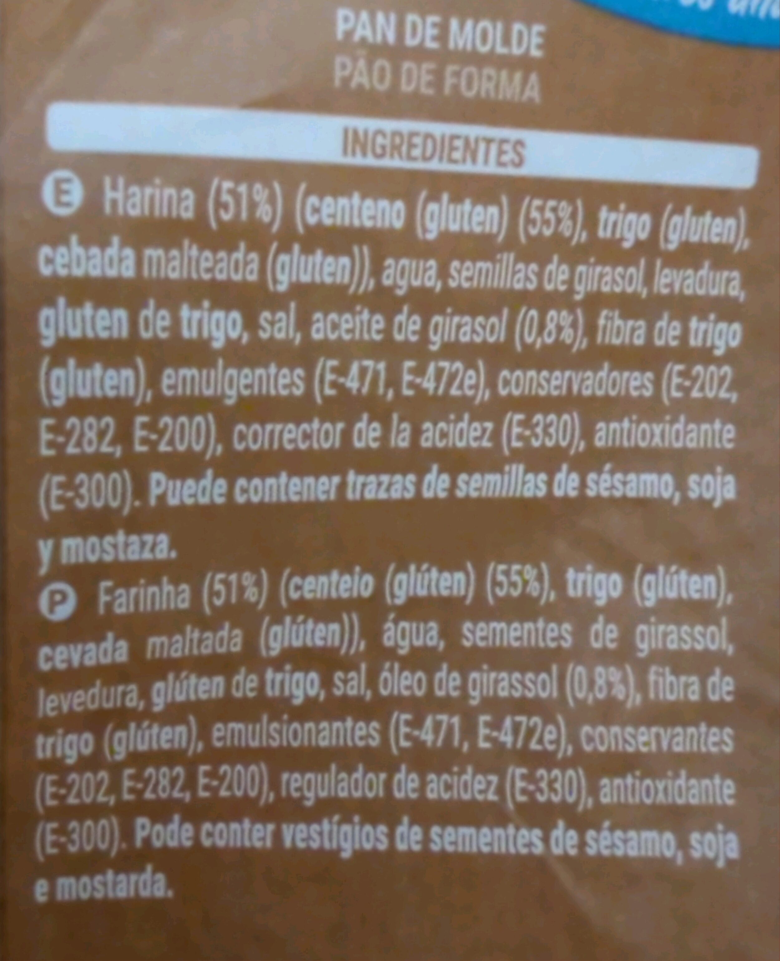 Pan de molde con 55% centeno - Ingredientes - es