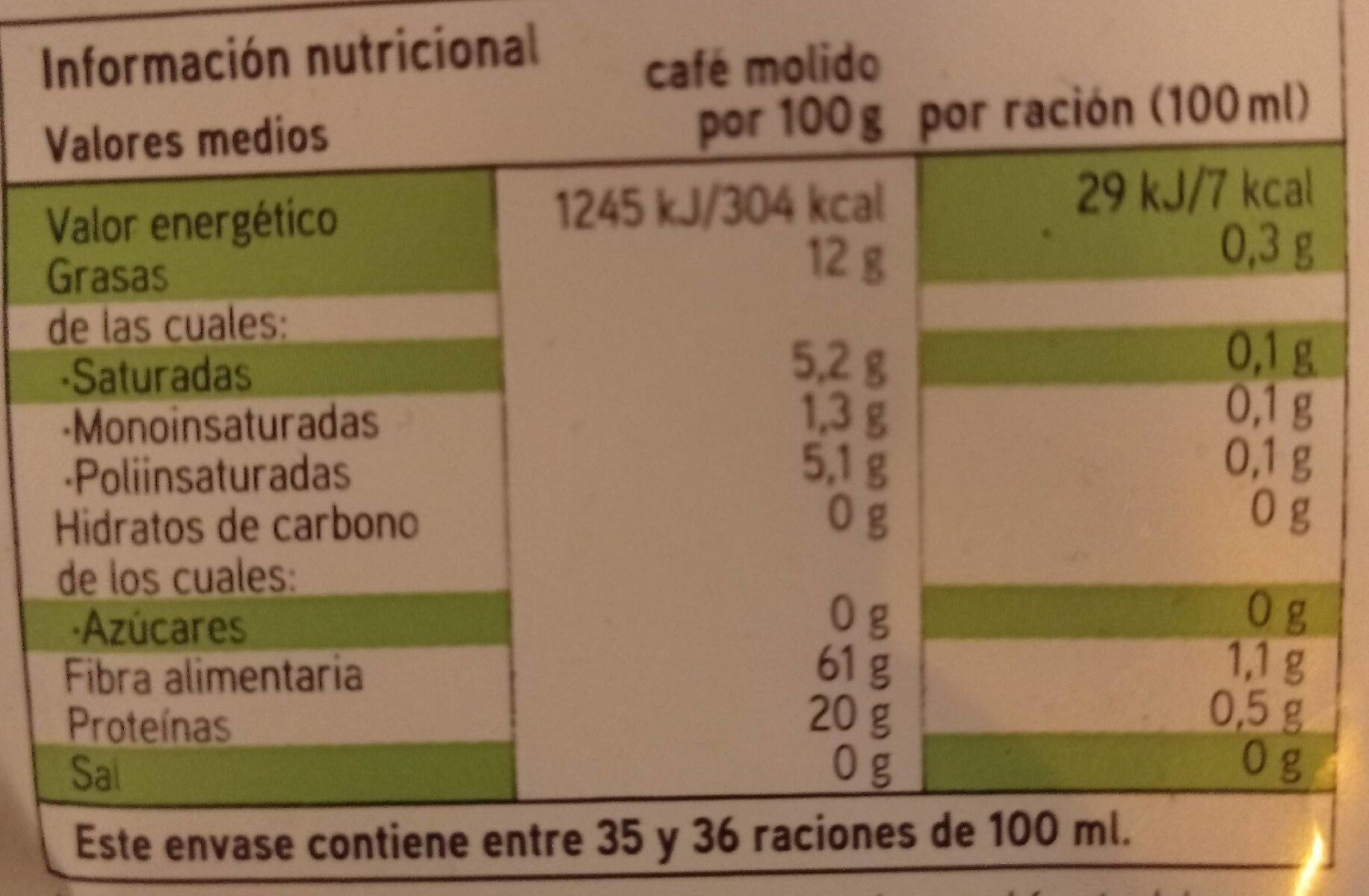Cafe molido natural - Voedingswaarden - es