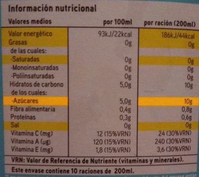 Zumo multifrutas sin azúcares - Información nutricional