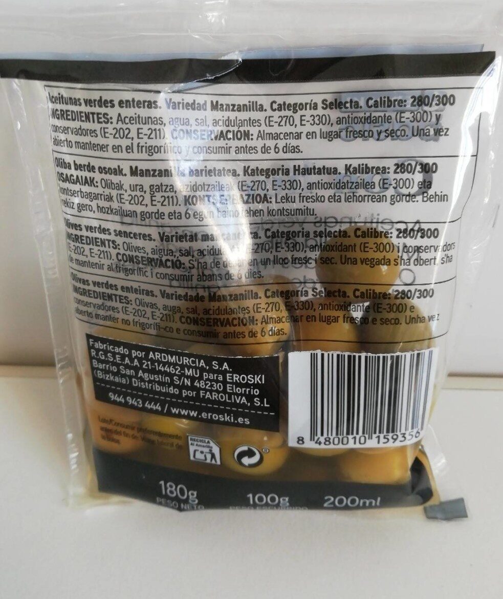Aceitunas verdes manzanilla con hueso - Informació nutricional - es