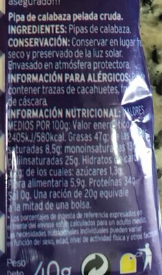 Pipa calabaza cruda - Informació nutricional - es