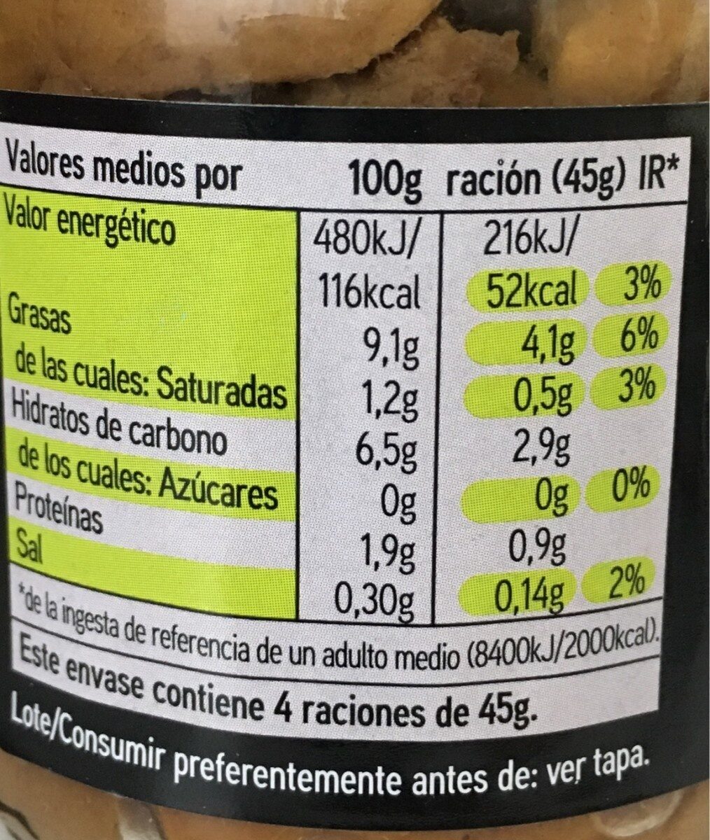 Boletus edulis en aceite de oliva - Información nutricional
