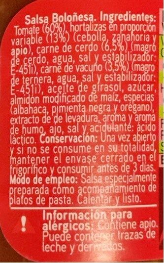 Salsa boloñesa - Información nutricional - en