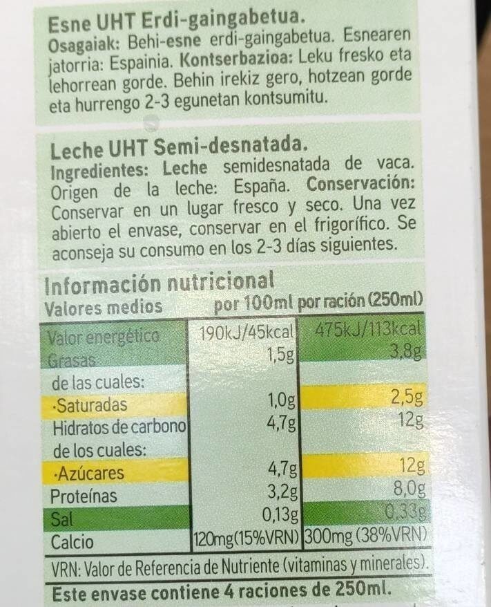Leche Semidesnatada - Informació nutricional - es