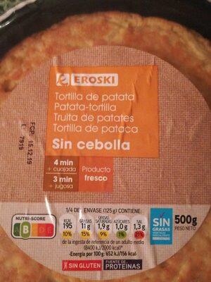 Liste des ingrédients du produit Tortilla de patata sin cebolla Eroski 500 g