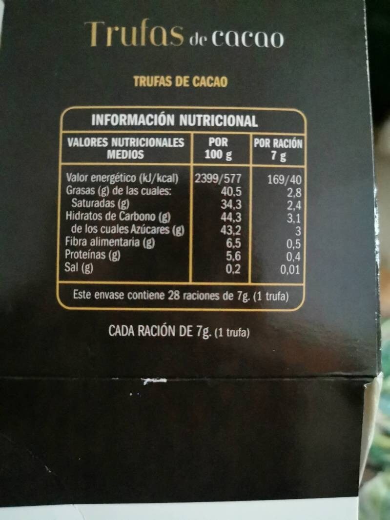 Trufas de cacao - Información nutricional