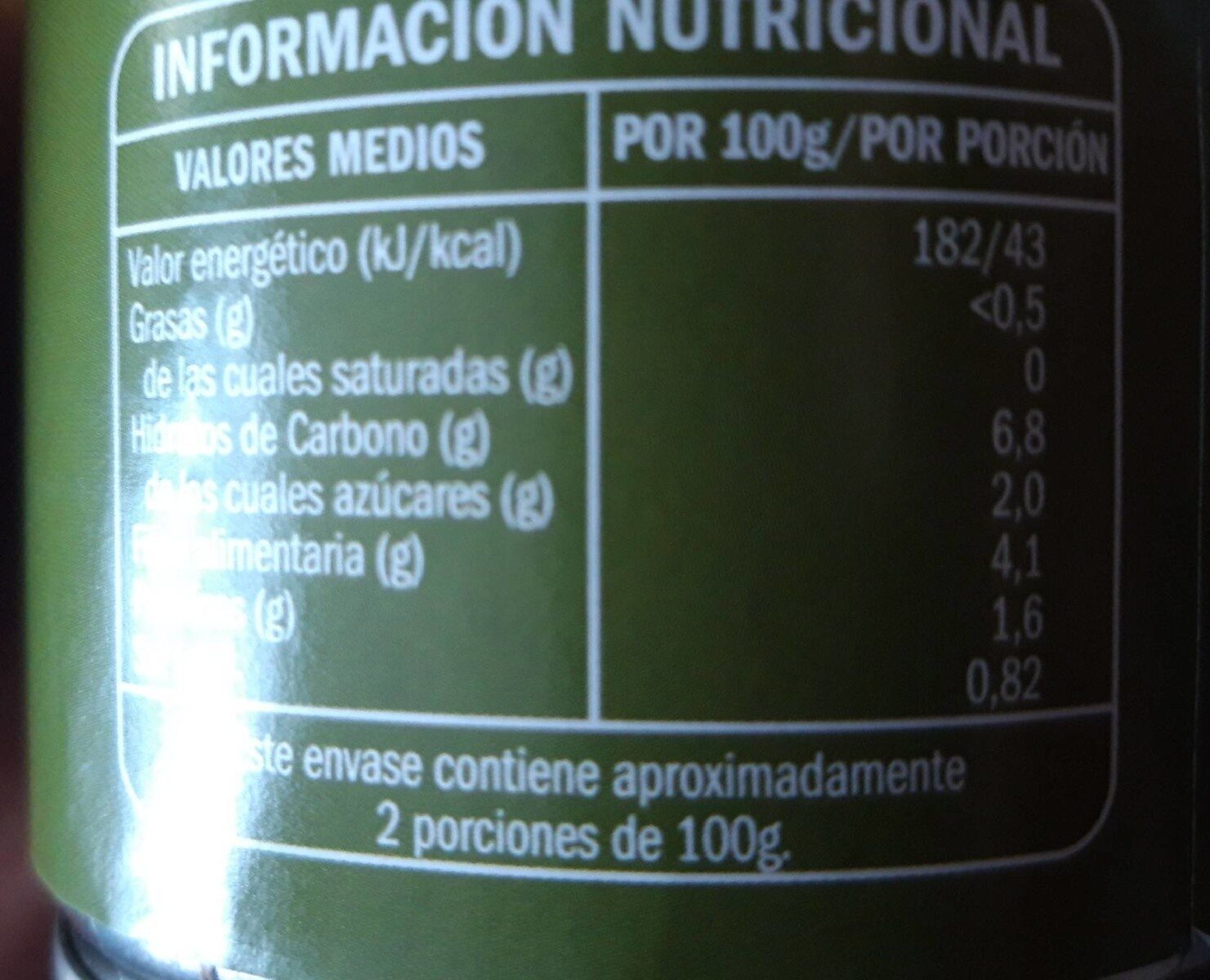 Corazones de alcachofa - Informació nutricional - es