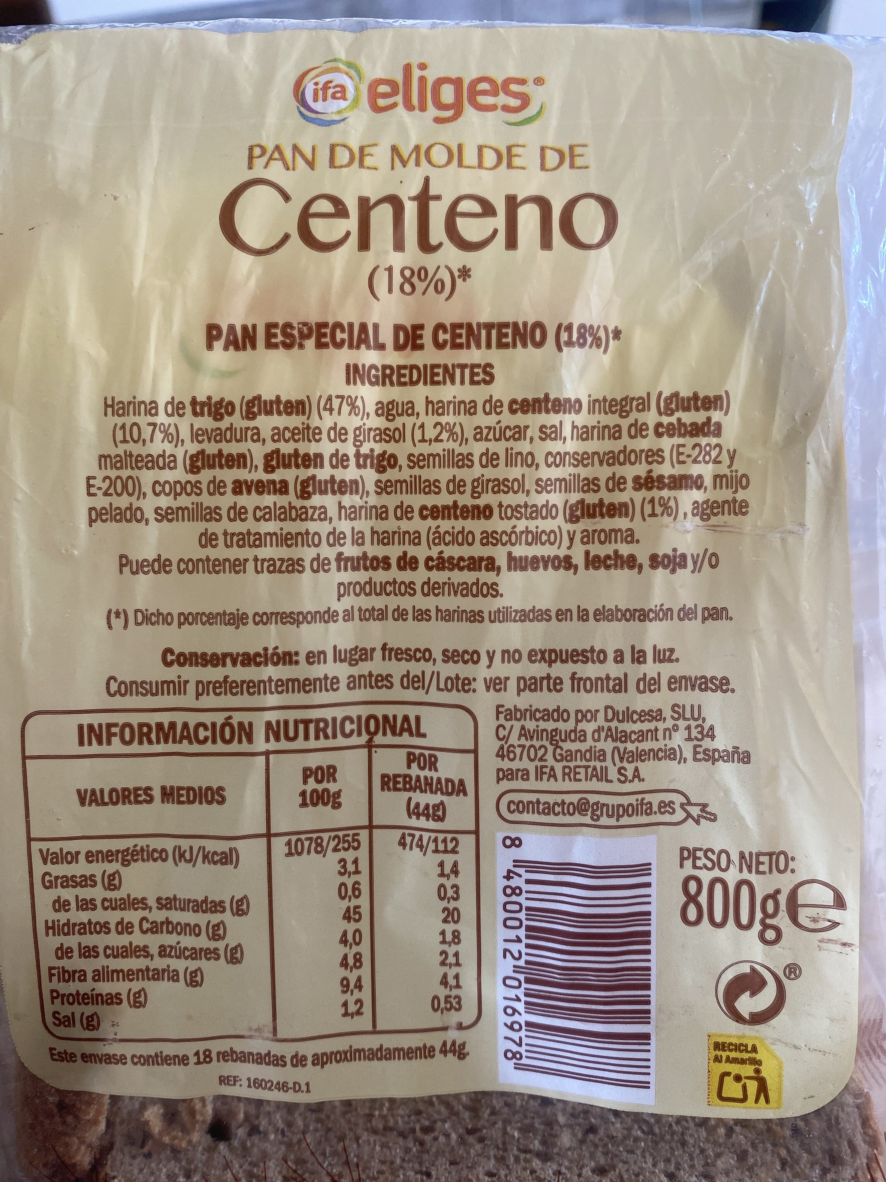 Pan de molde de centeno (18%) - Ingredientes
