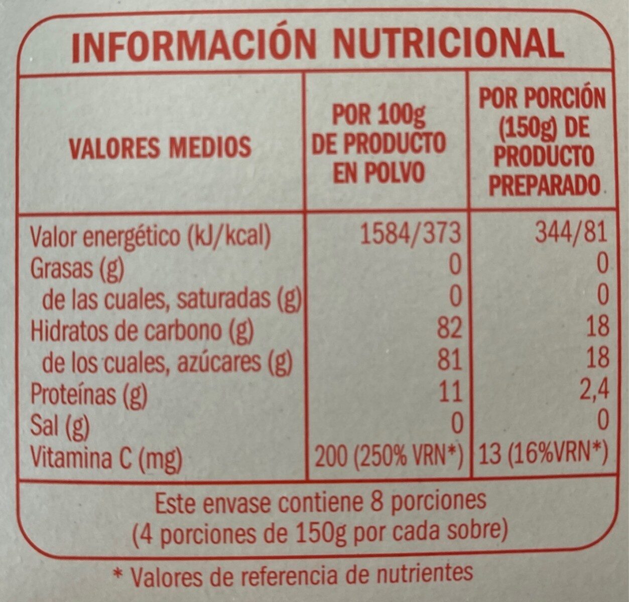 Gelatina sabor fresa - Informació nutricional - es