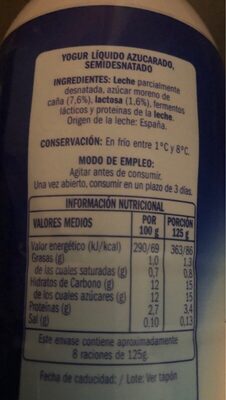 Yogur líquido natural con azúcar de caña - Informació nutricional - es
