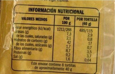 Tortillas integrales - Informació nutricional - es