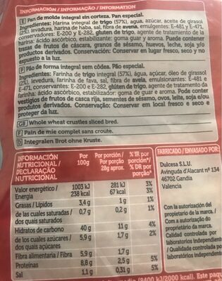 Pan de molde integral sin corteza - Nutrition facts