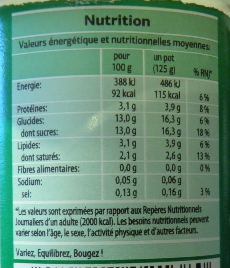 Bifidus saveur Coco - Tableau nutritionnel