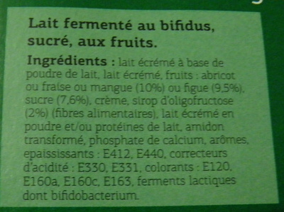 Bifidus brassé (Figue, Abricot, Mangue, Fraise) 8 Pots - Ingredienser - fr