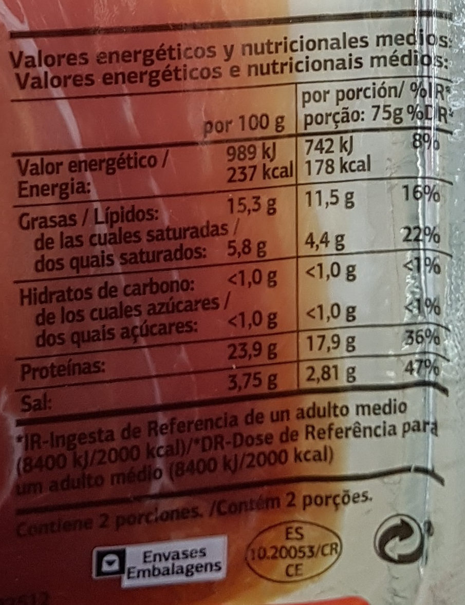 Paleta curada - Nutrition facts - es