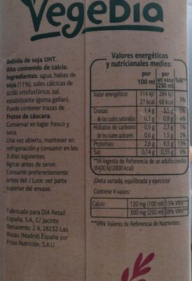 VegeDia Bebida de Soja Light Calcio - Informació nutricional - es