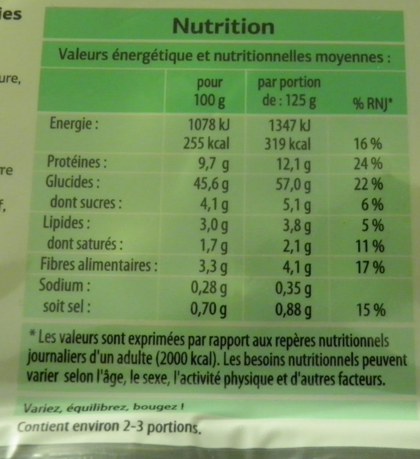 Tortellini Ricotte & épinards - Tableau nutritionnel