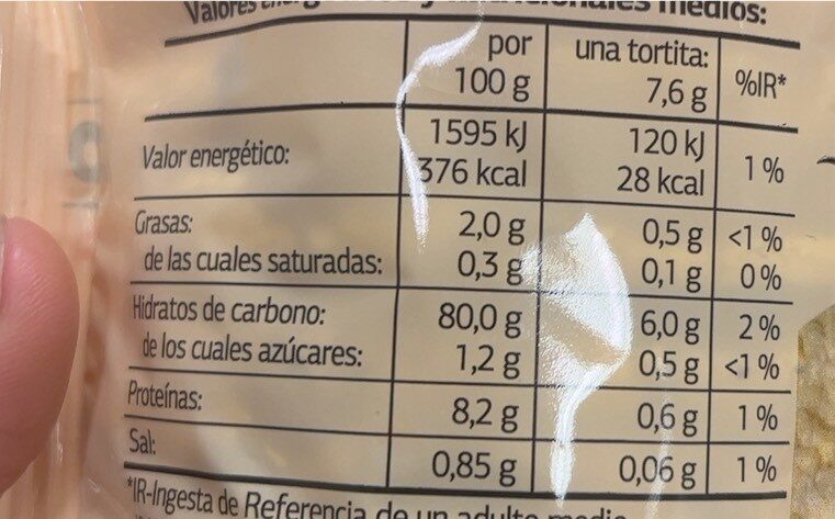 Tortitas de maíz - Informació nutricional - es