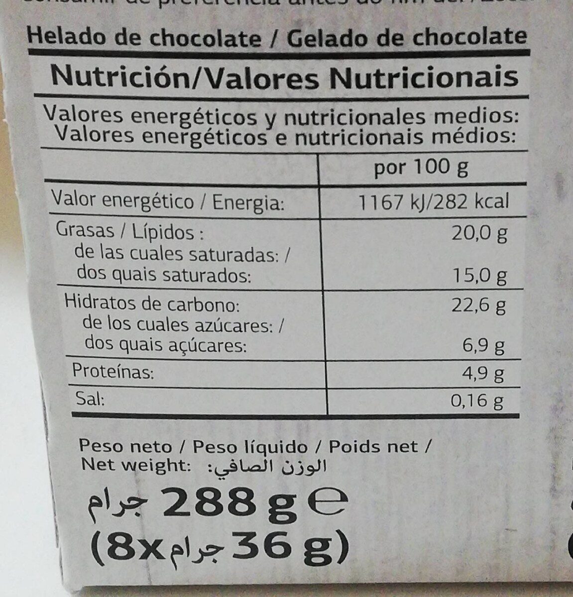 Mini Helado sin azúcares añadidos Vital chocolate - Información nutricional