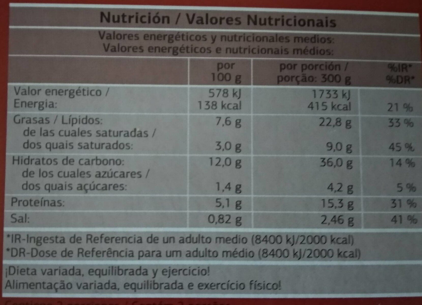 Lasaña boloñesa - Nutrition facts - es
