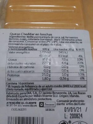 Queso cheddar - Informació nutricional - es