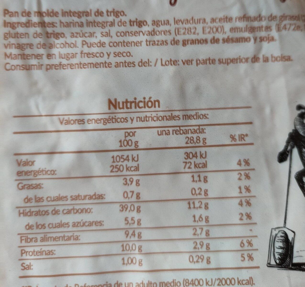 Pan de molde 100% integral - Nutrition facts - es