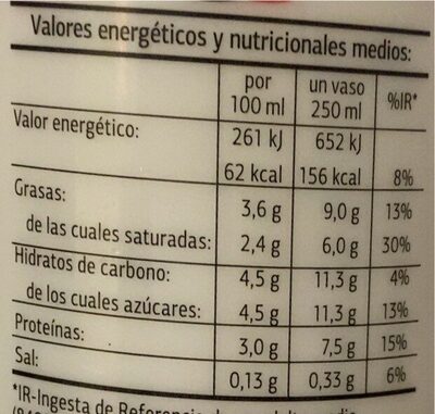 Leche fresca entera - Nutrition facts - es