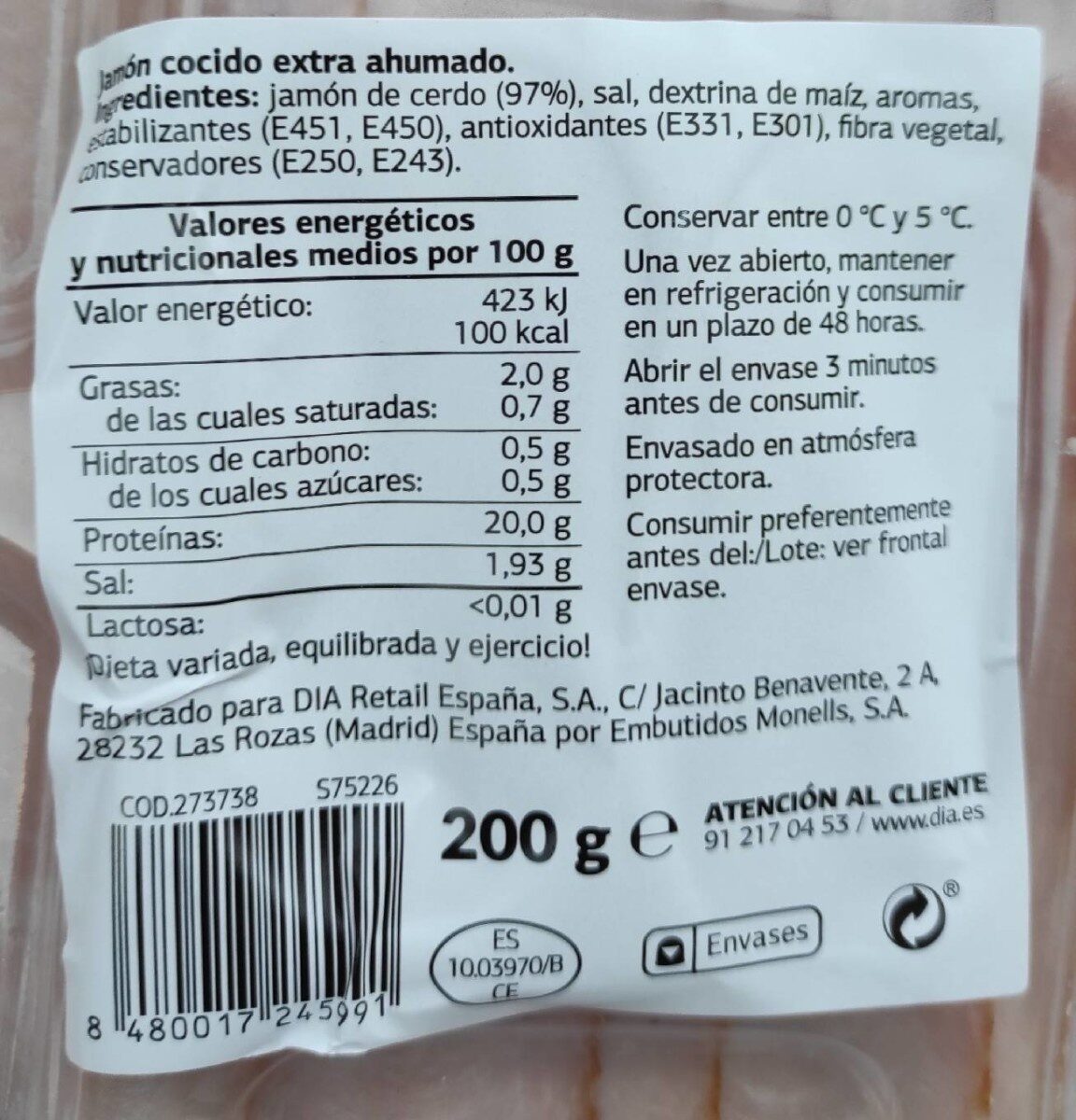 Jamón cocido extra braseado - حقائق غذائية - es