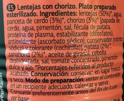 lentejas con chorizo - Ingredients - es