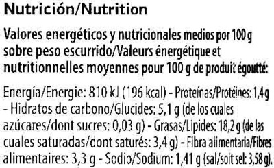Aceitunas verdes enteras "Dia" Variedad Manzanilla - Tableau nutritionnel - es