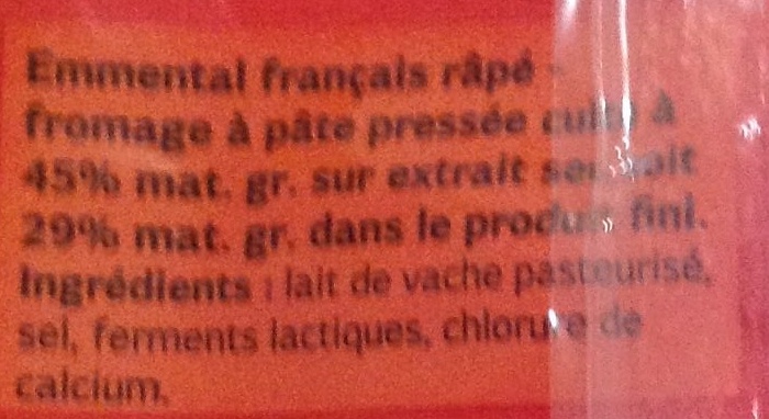 Emmental français râpé (29 % MG) - Ingredients - fr