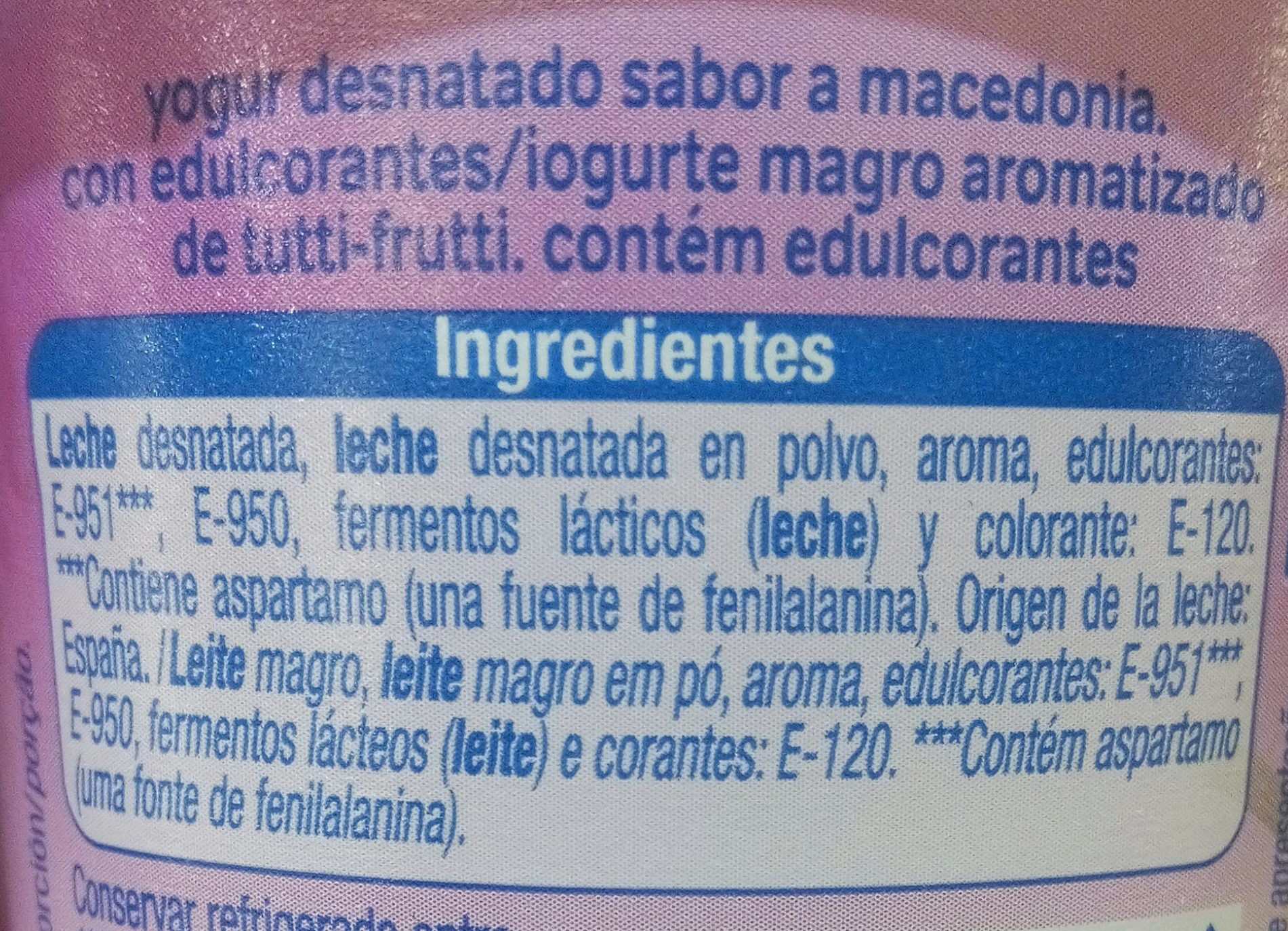 Yogurt sabor macedonia - المكونات - es