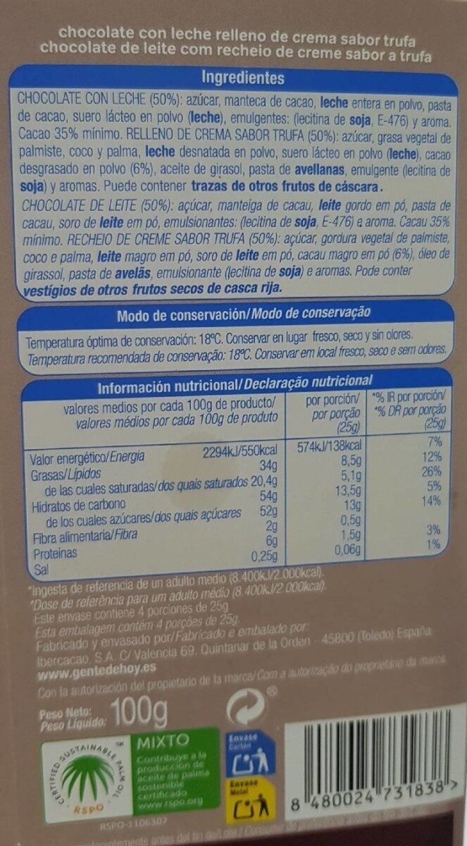 Chocolate con leche Relleno sabor trufa - Información nutricional