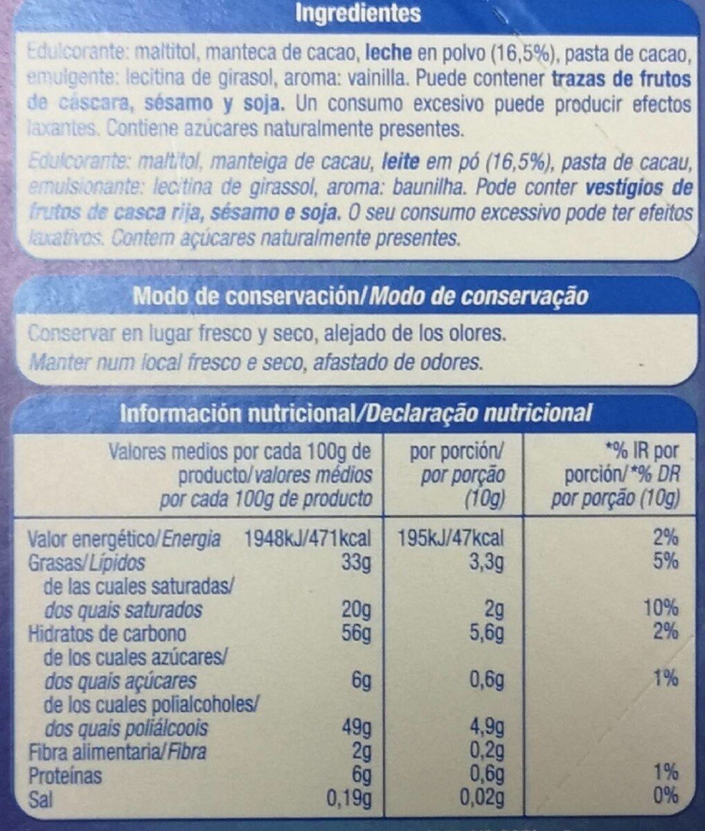 Chocolate con leche con edulcorantes - Informació nutricional - es