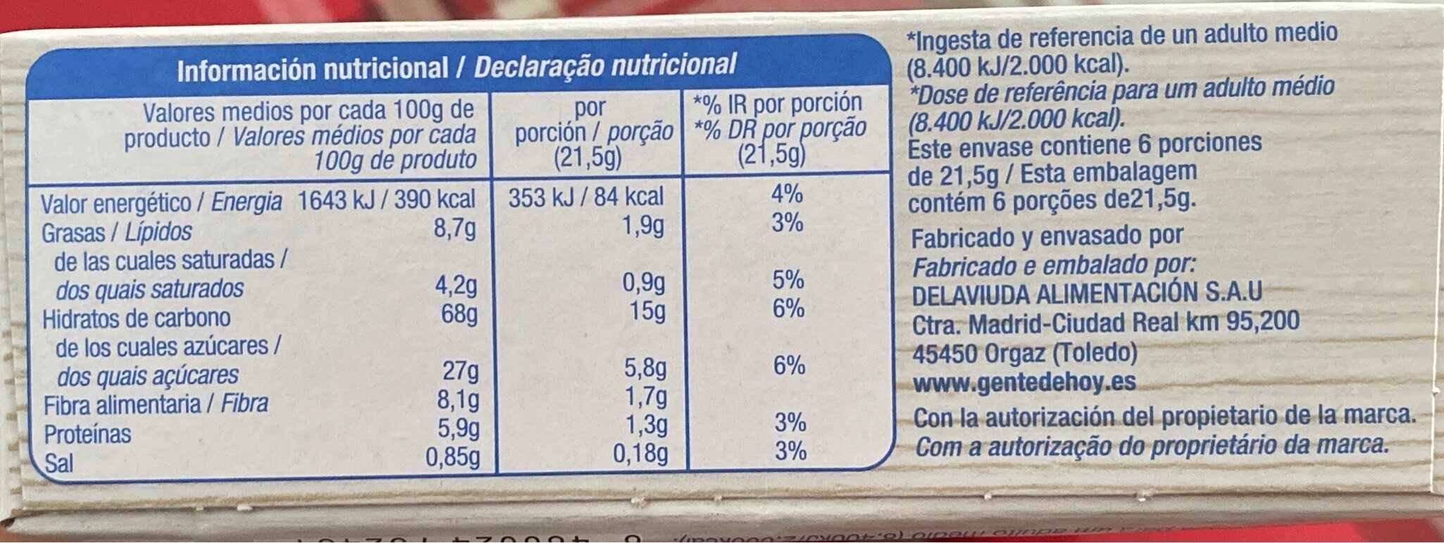 Barritas de cereales con trigo integral - Información nutricional
