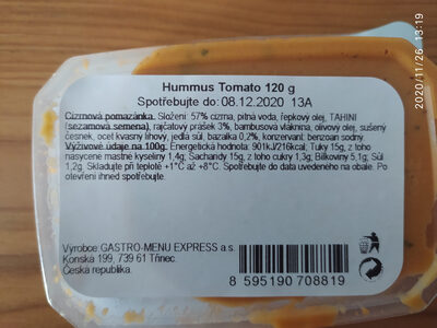 Hummus Tomato - Tableau nutritionnel - cs