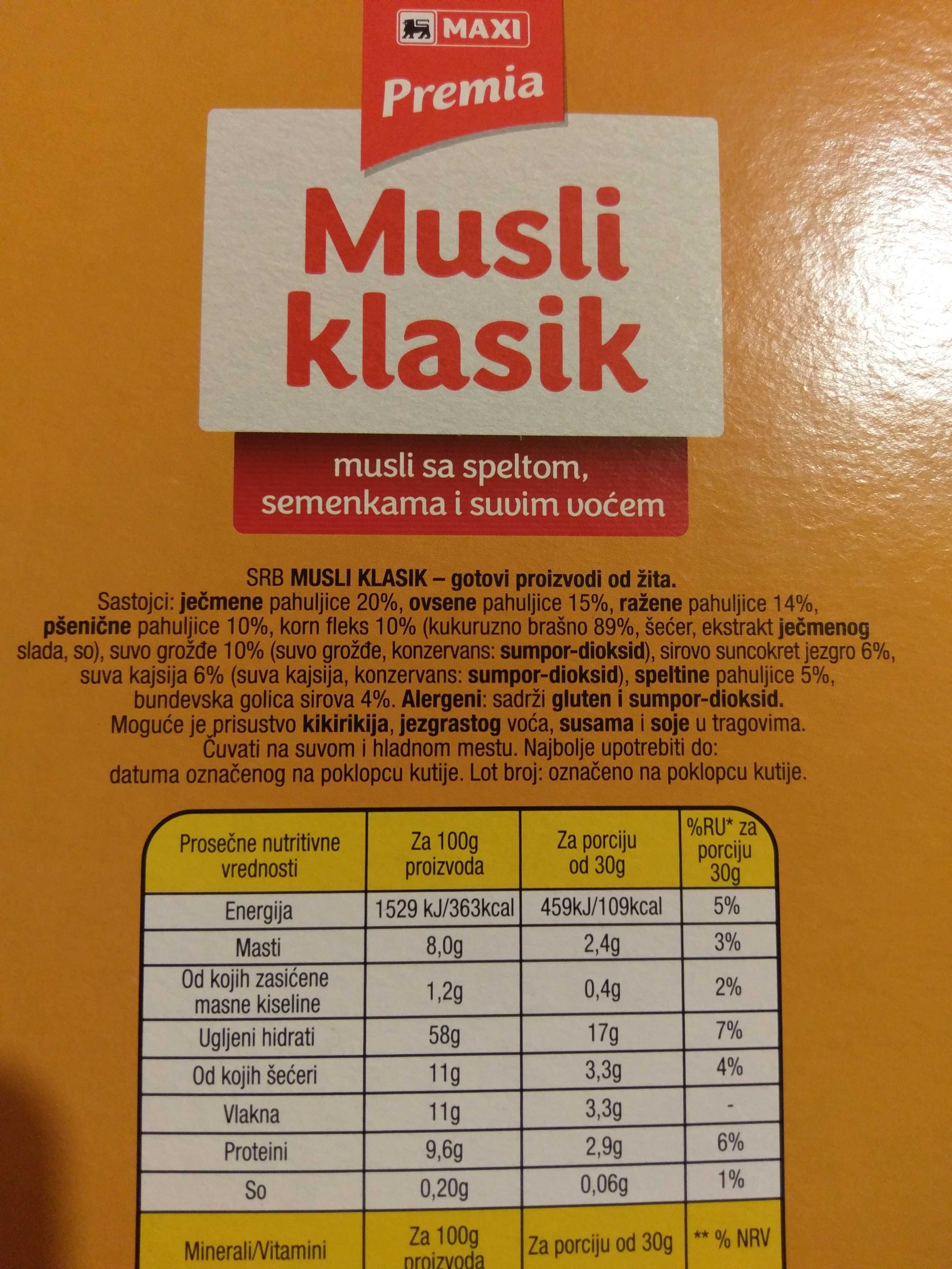 Musli klasik 250g - Ingredients