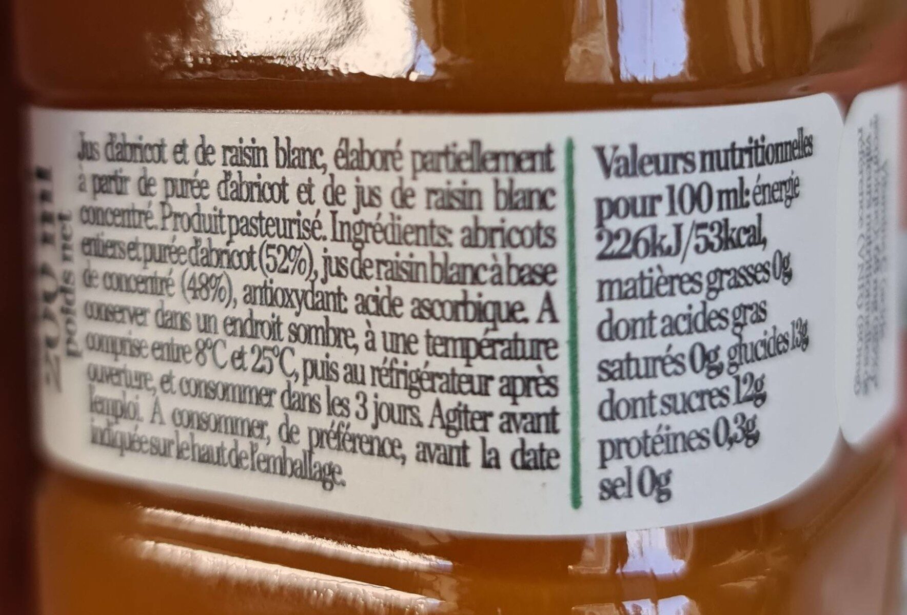 Jus Artisanal Abricot Et Raisin Blanc - Tableau nutritionnel