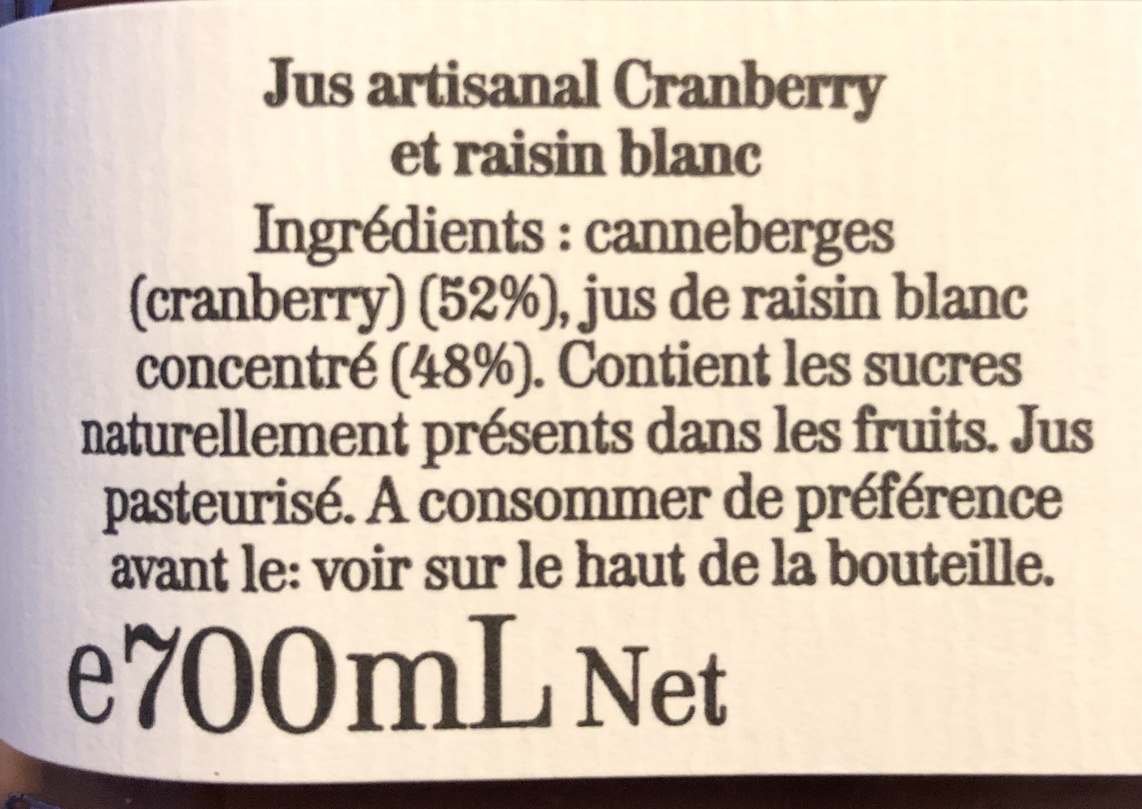 Jus Artisanal Cranberry Et Raisin Blanc - Ingrédients