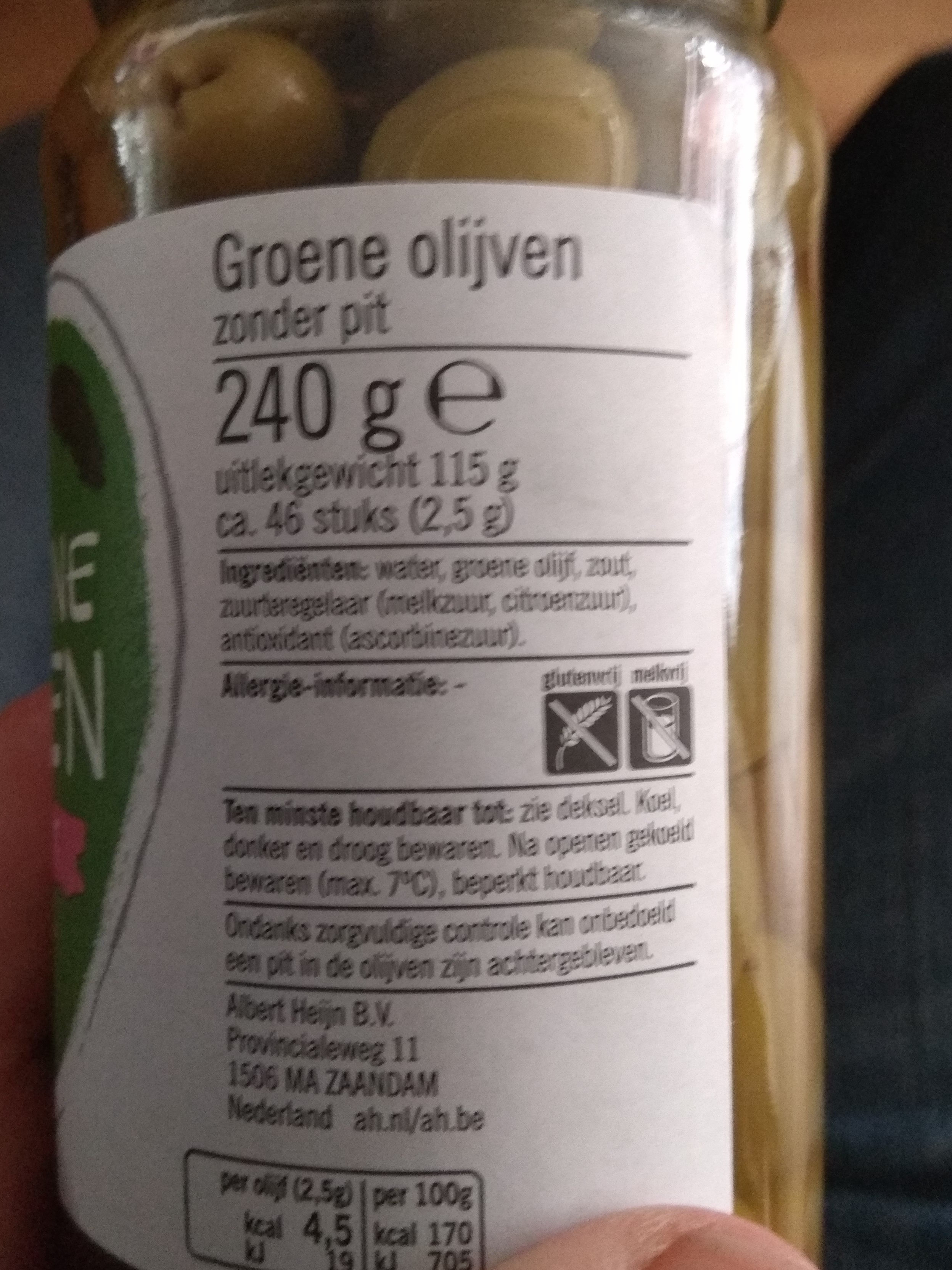 Groene Olijven Zonder Pit Pot 240 Gram - Ingredienser - nl