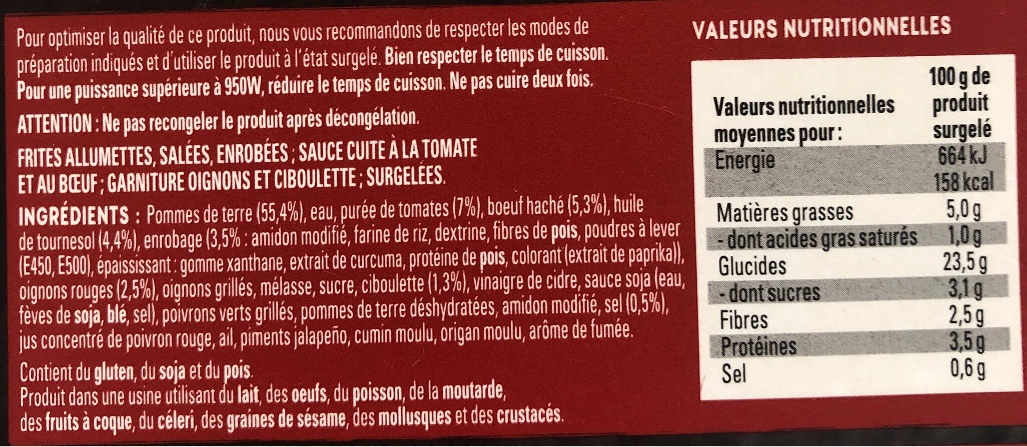 Street fries beef bbq - Nutrition facts - fr